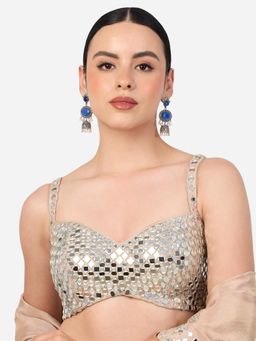 Zaveri Pearls - Blue Stones Pearls Drop Antique Oxidised Jhumka Earrings