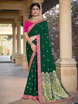 Odette - Dark Green Colour Pure Viscose Weaved Silk Embroidered Saree with Unstitched Blouse