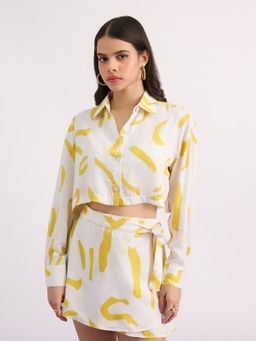 MIXT by Nykaa Fashion - White And Yellow Abstract Print Oversized Crop Shirt
