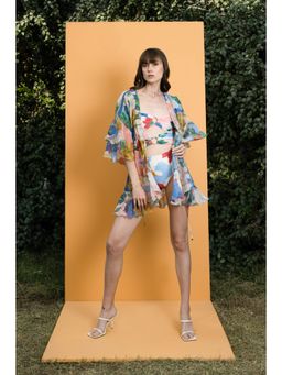 MANDIRA WIRK - Hibiscus Printed Off Shoulder Bodysuit With Printed Organza Cover Up (Set of 2)