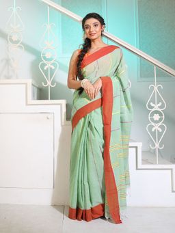 CHARUKRITI - Mint Green Cotton Saree with Stripes Pattern and Texture Motifs with Unstitched Blouse