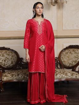 Ganga Fashions - Virtual Red Woven Silk Kurta & Sharara with Dupatta (Set of 3)