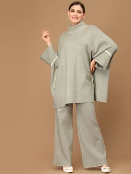 Mafadeny - Women Solid Long Sleeves Turtle Neck Viscose Green Co-Ord (Set of 2)