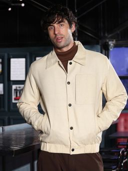 Campus Sutra - Men's Off-White Lined-Jacquard Utility Bomber Jacket