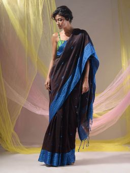 CHARUKRITI - Dark Brown Cotton Handloom Soft Saree with Unstitched Blouse