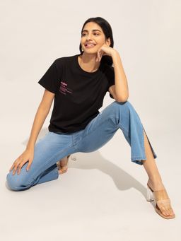 Twenty Dresses by Nykaa Fashion - Black Printed Round Neck Short Sleeves T Shirt