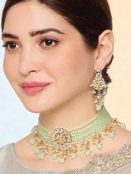 OOMPH - Green Bead Kundan Ethnic Choker Necklace Set with Matching Earrings