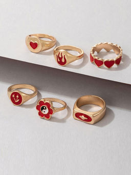 Jewels Galaxy - Gold Plated Red Rings Combo (Set of 6)