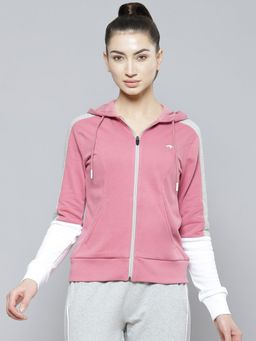 Alcis - Women Pink White Solid Cotton Hooded Regular Outdoor Sporty Jacket