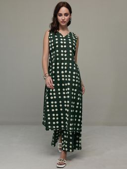 Libas - Green Polka Dot Printed High Slit Co-Ord Set