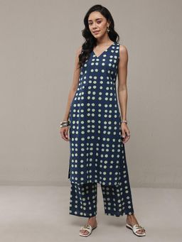 Libas - Blue Polka Dot Printed High Slit Co-Ord Set