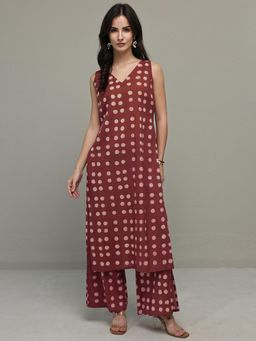 Libas - Maroon Polka Dot Printed High Slit Co-Ord Set
