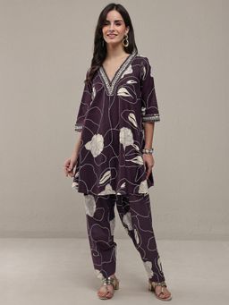 Libas - Burgundy Floral Printed A-Line Flared Co-Ord Set
