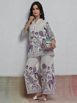 Libas - White Floral Tribal Printed Short Co-Ord Set