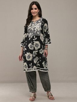 Libas - Black Floral Printed And Embroidered Short Kurti With Salwar