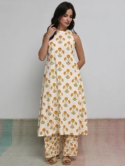 Libas - Off White Floral Motif Printed A-Line Kurta With Palazzo