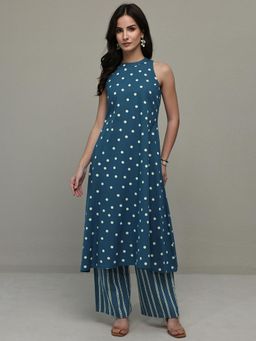 Libas - Blue Polka Dot Printed A-Line Kurta With Palazzo