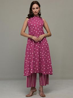 Libas - Pink Polka Dot Printed A-Line Kurta With Palazzo