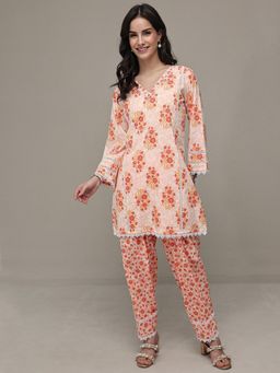 Libas - Orange Floral Printed Panelled Short Kurti With Salwar
