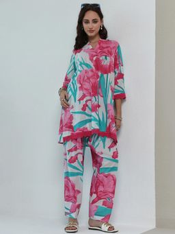 Libas - Pink Floral Printed Short Kurti With Salwar