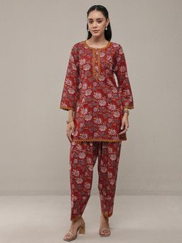 Libas - Maroon Floral Printed Short Kurti With Salwar