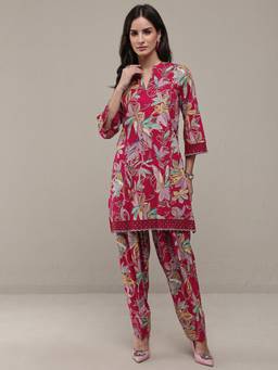 Libas - Pink Floral Printed Short Kurti With Salwar