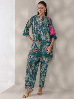 Libas - Blue Floral Printed Short Kurti With Salwar