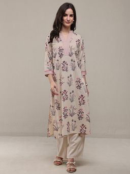 Libas - Cream Floral Printed Straight Kurta With Palazzo