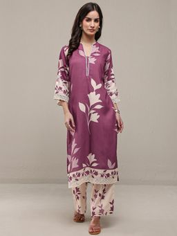 Libas - Mauve Floral Printed Straight Kurta With Palazzo