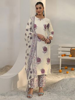 Libas - Off White Floral Printed Straight Kurta With Pant & Dupatta