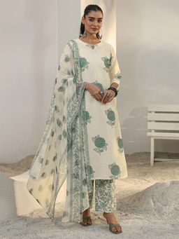 Libas - Off White Floral Printed Straight Kurta With Pant & Dupatta