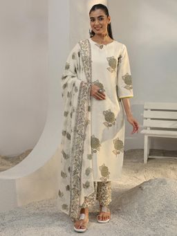 Libas - Off White Floral Printed Straight Kurta With Pant & Dupatta