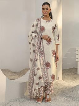 Libas - Off White Floral Printed Straight Kurta With Pant & Dupatta
