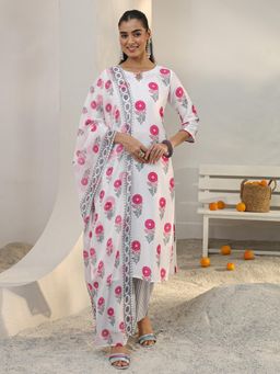 Libas - White Floral Printed Straight Kurta With Palazzo & Dupatta