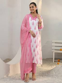 Libas - White Tropical Printed Panelled A-Line Kurta With Palazzo & Dupatta