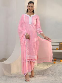 Libas - Pink Floral Embroidered Straight Kurta With Pant & Dupatta