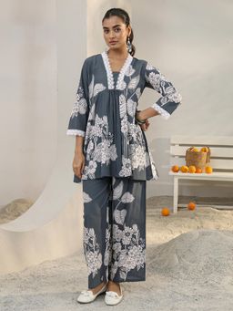 Libas - Grey Floral Printed A-Line Co-Ord Set