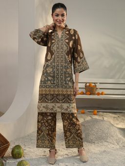 Libas - Brown Floral Printed Straight Co-Ord Set