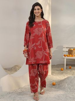 Libas - Red Floral Bandhani Printed A-Line Co-Ord Set