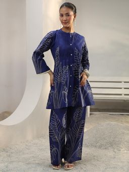 Libas - Navy Blue Floral Printed Pintuck Co-Ord Set
