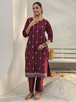 Libas - Wine Floral Zari Embroidered Straight Kurta With Pant