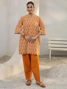 Libas - Orange Floral Embroidered Schiffli Relaxed Fit Kurti With Salwar