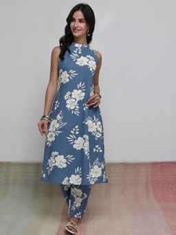 Libas - Blue Floral Printed A-Line Co-Ord Set