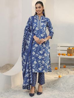Gerua By Libas - Navy Blue Floral Printed Straight Kurta With Pant & Dupatta