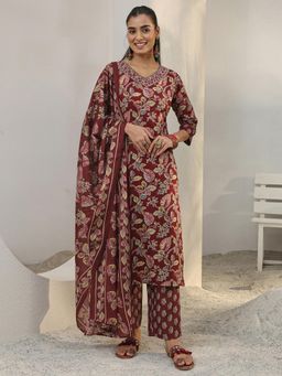 Gerua By Libas - Maroon Floral Printed Straight Kurta With Pant & Dupatta