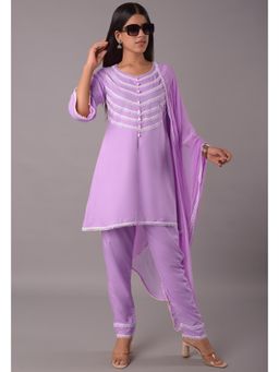 UTSAV FASHION - Bell Sleeves Embroidered Chanderi Cotton Purple Kurti With Pant & Dupatta