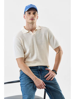 Snitch - Off White Self Design Regular Fit Polo T-Shirt