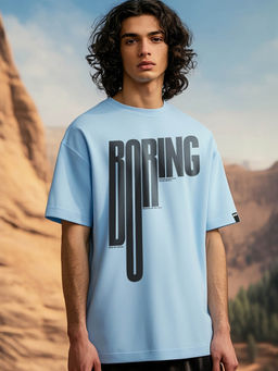 Bewakoof - Men's Chambray Blue Boring Typography Oversized T-shirt