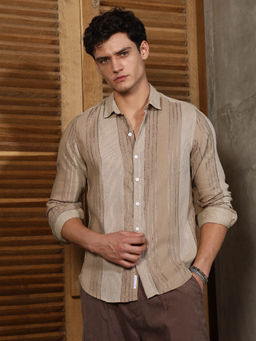 Campus Sutra - Beige Stripes Regular Fit Shirt