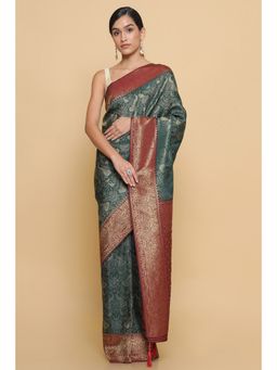Soch - Women Teal Woven Saree with Unstitched Blouse